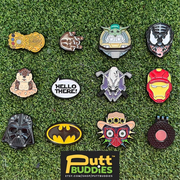 Two Pack - PuttBuddies™ Golf Ball Markers Only, Replacement Part or standalone item. Various Designs of your choice