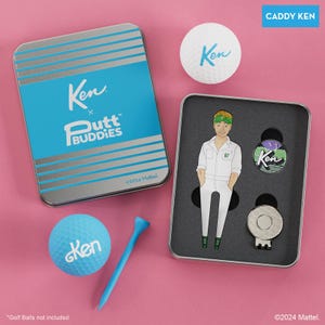 May include: A blue and silver tin box with the text "Ken x Putt Buddies" on the front. The box contains a golf ball, a golf tee, a golf ball marker, and a golf divot tool. The golf ball marker is a green and white circle with the text "Ken" on it. The golf divot tool is a green and white figure of Ken wearing a white jumpsuit and a green bandana. The text "Caddy Ken" is in the top right corner of the image.