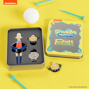 May include: A metal tin with a SpongeBob SquarePants Putt Buddies design. The tin contains three golf accessories: a SpongeBob SquarePants character, a Plankton character, and a magnetic ball marker.