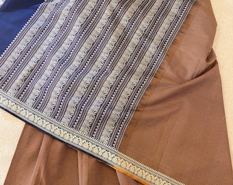 Traditional Saree with Orange & Blue Color Woven Traditional Pattern Border and Chequered Body. Like New, Free Shipping