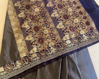 Pure Silk Banarsi Silk Brocade Saree with Pre-Stitched Blouse. Steel Gray and Royal Blue Color with Silver Color Zari Border and Palla.