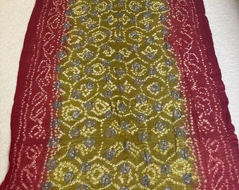 Pure Silk Olive Green and Red Bandhni Tie & Dye with Silver Mukaish, Badla work Dupatta Stole Wrap Scarf. Free shipping