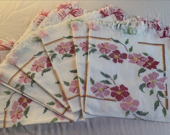 Six Vintage New White Hand Embroidered Cross Stitched Napkins 15.5”x 14”