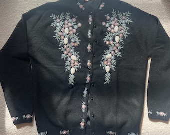 New Vintage Black Heavily Beaded Dimensional Embroidered with Pearls & Glass Beads Sweater. Lambswool, Angora Rabbit Hair. Free Shipping.