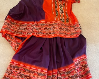 Vintage hand loomed Pure South Silk Pochampally Saree Deep Purple with Orange Border and Pallu.