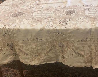 New Vintage Madeira Museum quality Hand Embroidered Heirloom Tablecloth 96 x 69 With 12 Napkins 18 x 18