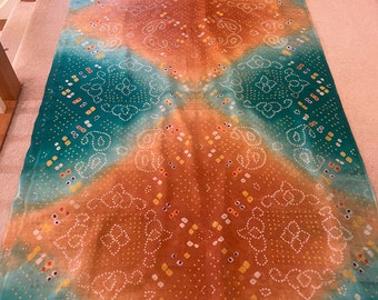 Vintage Turquoise and brown pure silk saree with genuine bandhni- tie and dye work. Free shipping