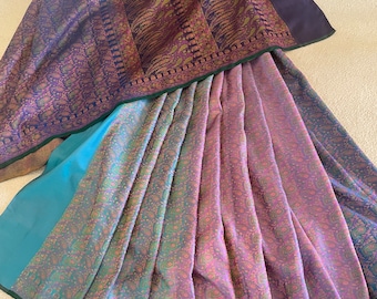 Vintage Banarsi Pure Silk Purple Turquoise Tanchoi Saree. Like New. Free Shipping.