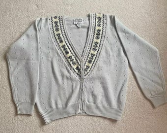 NWOT Vintage Sweater Cardigan By “The Villager” Pale Blue PM 100% Lamb’s wool Size Petite M