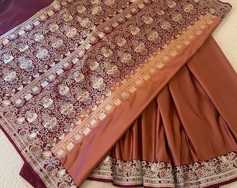 Pure Silk Banarsi Silk Brocade Saree with Blouse. Copper/Salmon Color with Zari Border and Palla