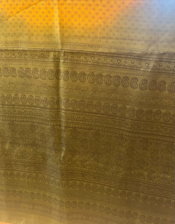 Vintage Pure Silk Saree. Olive Green Print with B… - image 9