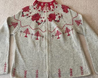 NWOT beautiful cardigan by “Villager Sport” A Liz Claiborne Company. Embroidered Winter Theme Zippered Sweater Cardigan PL. Soft grey.