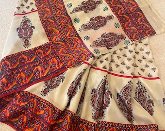 Vintage Pure Khadi Silk Saree. Cream, Red and Green Hand Block Print.