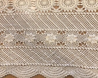 Vintage Large 98" x 68” Hand Crocheted Tablecloth. Beige Color. No Stains Or Tears.