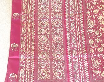 Vintage Kantha Hand Embroidered Saree, Pure Silk Tusser, Fuchsia Dark Pink Color.