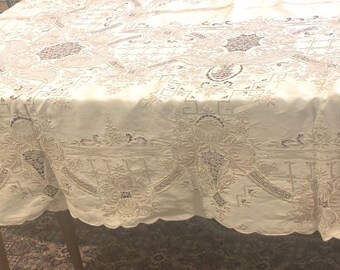 New Vintage Madeira Museum quality Hand Embroidered Heirloom Tablecloth 96 x 69 With 12 Napkins 18 x 18