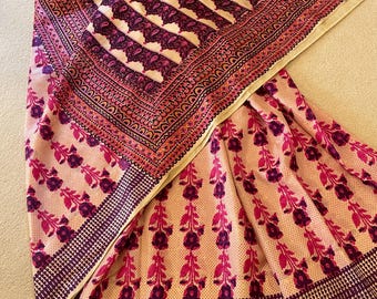 Vintage Pure Silk Saree with Fuchsia, Purple Block Print . Like New