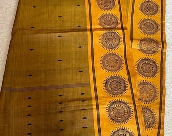 Vintage Mustard & Deep Blue Two Tone Pure South Silk Saree with Hand Block Print on Border. Free shipping