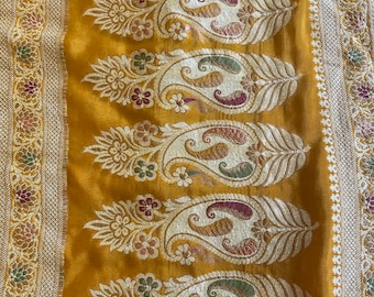 Pure Georgette Banarasi Saree with Floral Jaal in Turmeric Yellow. Handwoven Pure Silk.