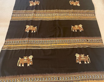 Vintage Ethnic New Hand Embroidered Black Woolen Throw, Shawl, Stole 87"x 48"