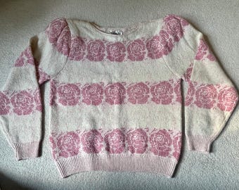 NWOT beautiful feminine silk and angora rabbit hair pullover sweater with roses and pearl buttons. Size M