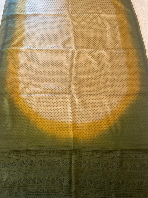 Vintage Pure Silk Saree. Olive Green Print with B… - image 2