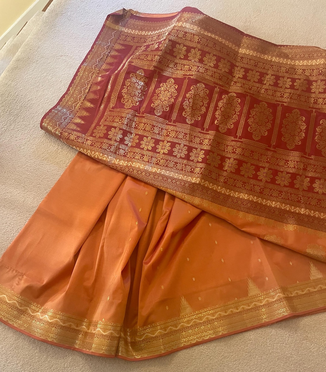 Peach Colored Base Red Leafy Ethnic KotaDoria Block Printed Cotton Saree With Blouse main image 0