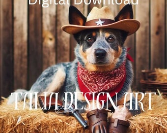 Blue Heeler Laying AI Generated Cowboy Photo - Digital Download
