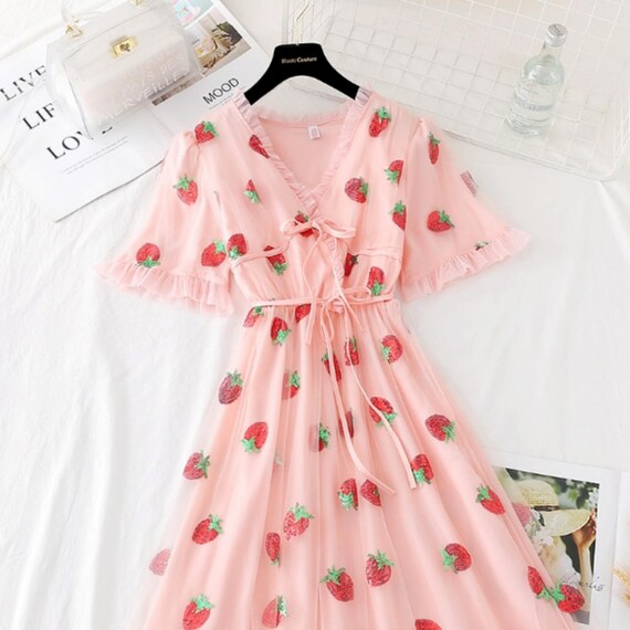 Cute Strawberry Dress Women Strawberry Tulle Dress Puff Sleeve Etsy