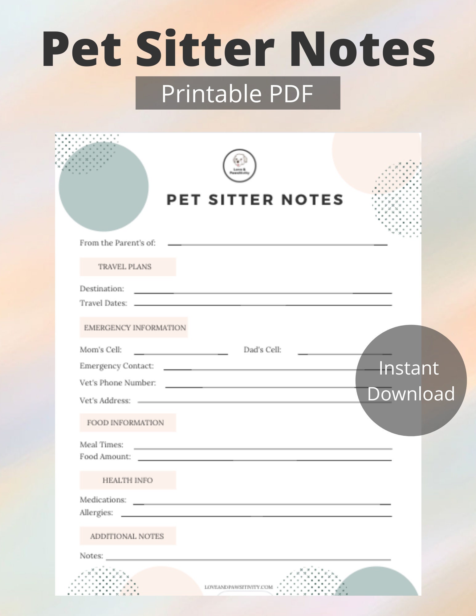 Pet Sitter Notes Printable PDF Instant Download Digital | Etsy