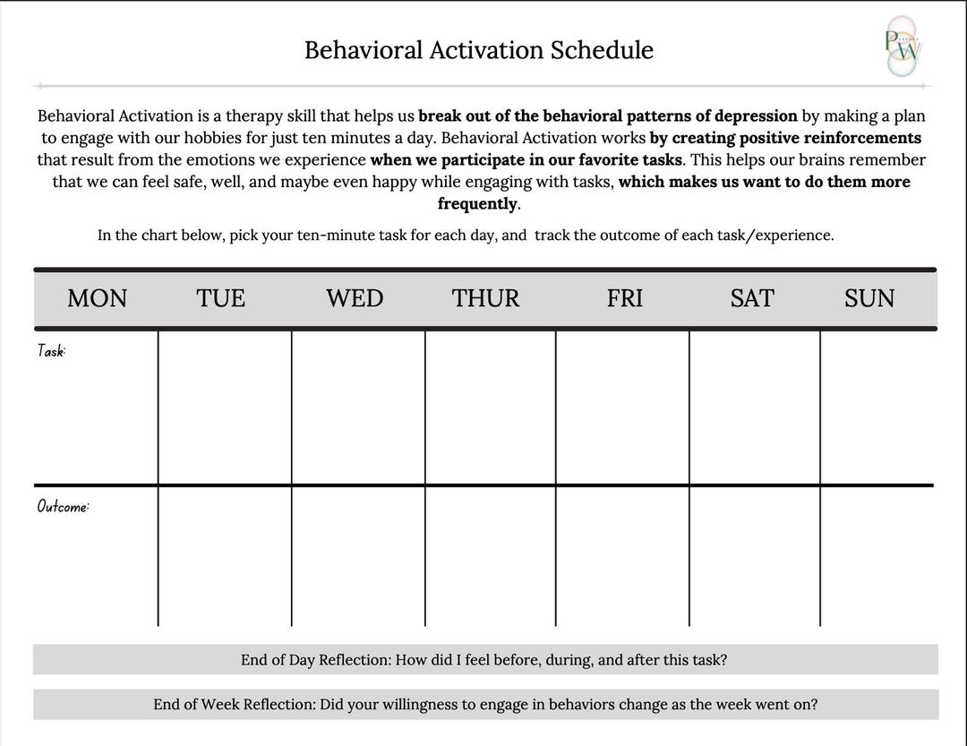 Behavioral Activation Schedule: Break Out of Depression Plan - Etsy