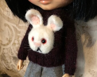 Bunny trui, Blythe trui, naaldvilt trui, gebreide trui, Halloween breisel, wit konijn
