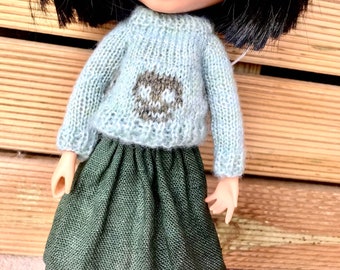 skull jumper, green skirt, Blythe outfit, skull sweater, Blythe sweater