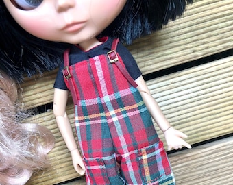 Tartan Dungarees and blouse for Blythe, plaid trousers, Blythe outfit, red overalls