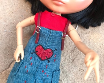 Hand painted Dungarees and blouse for Blythe, Hand painted trousers, Blythe outfit, Halloween overalls