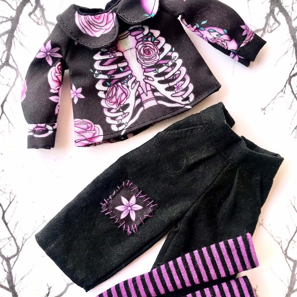 Rib cage outfit, Ribcage blouse, trousers for Blythe, gothic outfit, Blythe outfit, Halloween Blythe