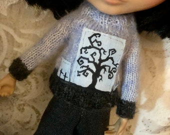 Blue sweater, Blythe jumper, spooky tree, knitted sweater, Halloween knit