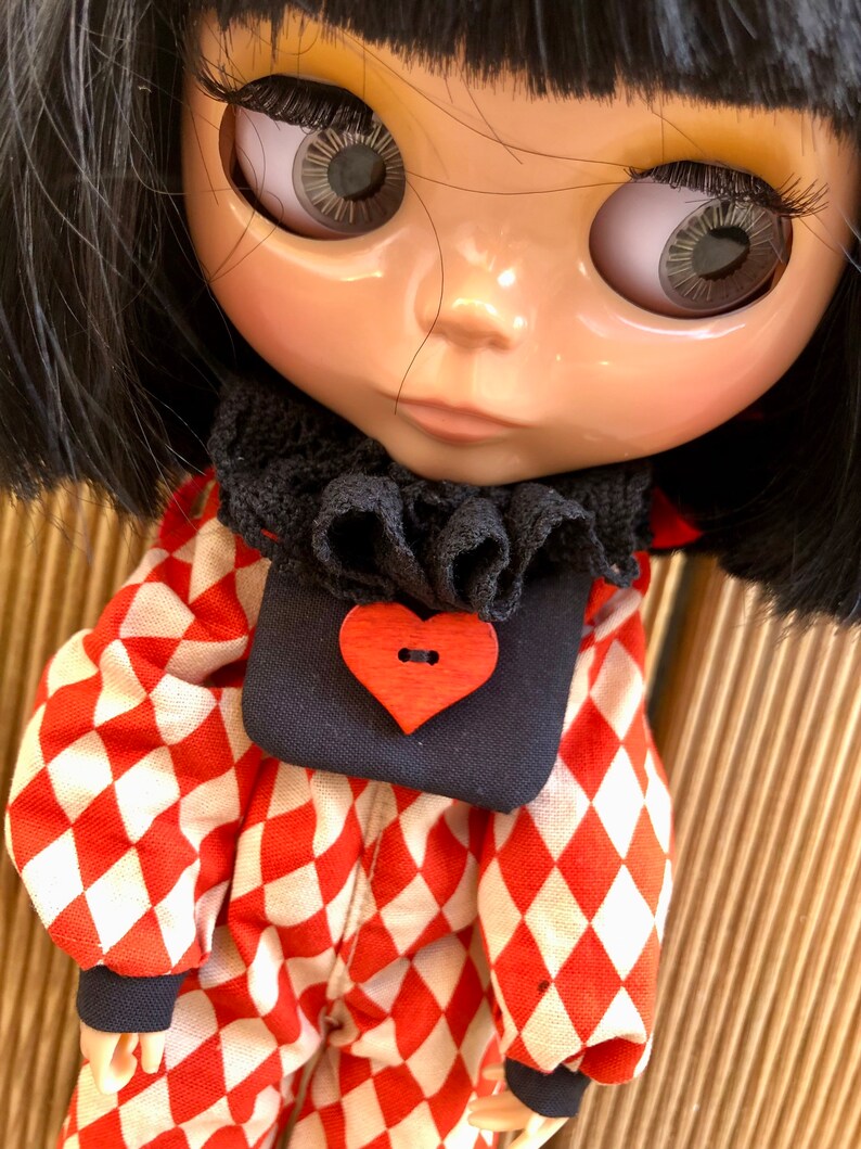 Overalls and frilly collar for Blythe. Jumpsuit , harlequin suit, gothic dress, red heart image 5