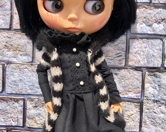 Black dress and knitted striped jacket for Blythe,gothic dress, beaded dress, Blythe dress