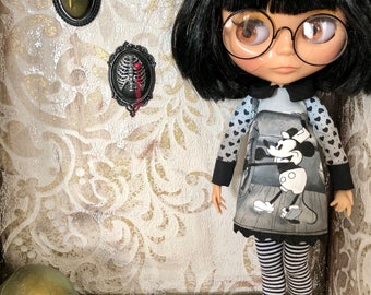 Hand painted dress, picture dress for Blythe, gothic dress, Blythe dress, spooky dress, Halloween outfit, steamboat willie