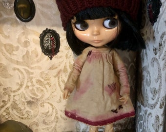 dress, hat and socks for Blythe,  knitted beret, Blythe clothes, Blythe outfit