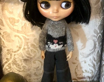 Gray sweater, Blythe jumper, kuromi sweater, knitted sweater, Halloween knit