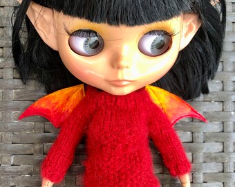winged sweater, Blythe jumper, Bat wings, knitted sweater, red sweater, Halloween knit