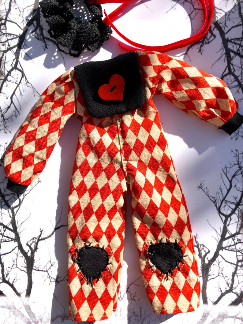 Overalls and frilly collar for Blythe. Jumpsuit , harlequin suit, gothic dress, red heart image 2