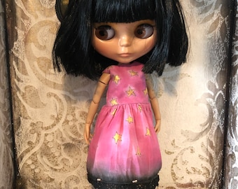 Hand painted dress and petticoat, picture dress for Blythe, gothic dress, Blythe dress, spooky dress, Halloween outfit