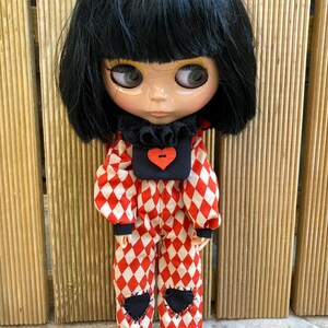 Overalls and frilly collar for Blythe. Jumpsuit , harlequin suit, gothic dress, red heart image 3