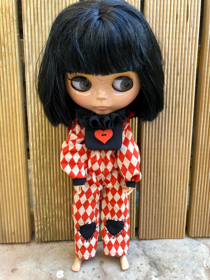 Overalls and frilly collar for Blythe. Jumpsuit , harlequin suit, gothic dress, red heart image 3
