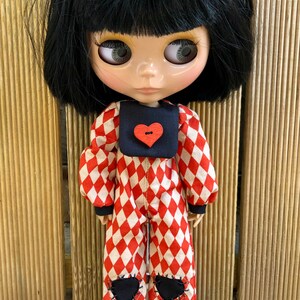 Overalls and frilly collar for Blythe. Jumpsuit , harlequin suit, gothic dress, red heart image 7