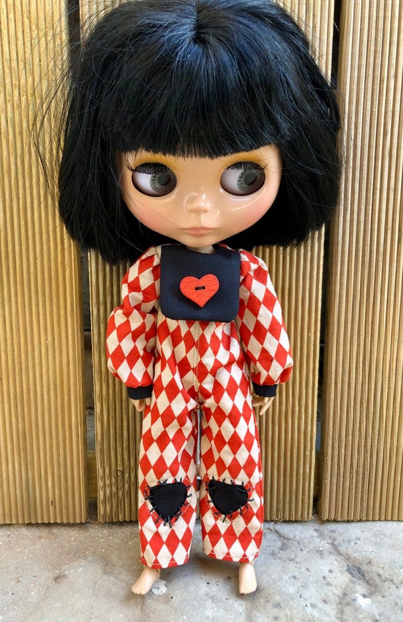 Overalls and frilly collar for Blythe. Jumpsuit , harlequin suit, gothic dress, red heart image 7