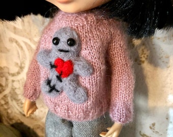 Voodoo trui, Blythe trui, naaldvilt trui, gebreide trui, Halloween brei, voodoo pop